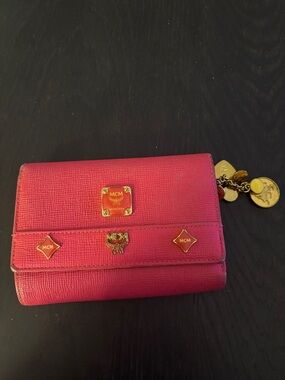 MCM Hot Pink Leather Trifold Wallet with Gold Charm Accents